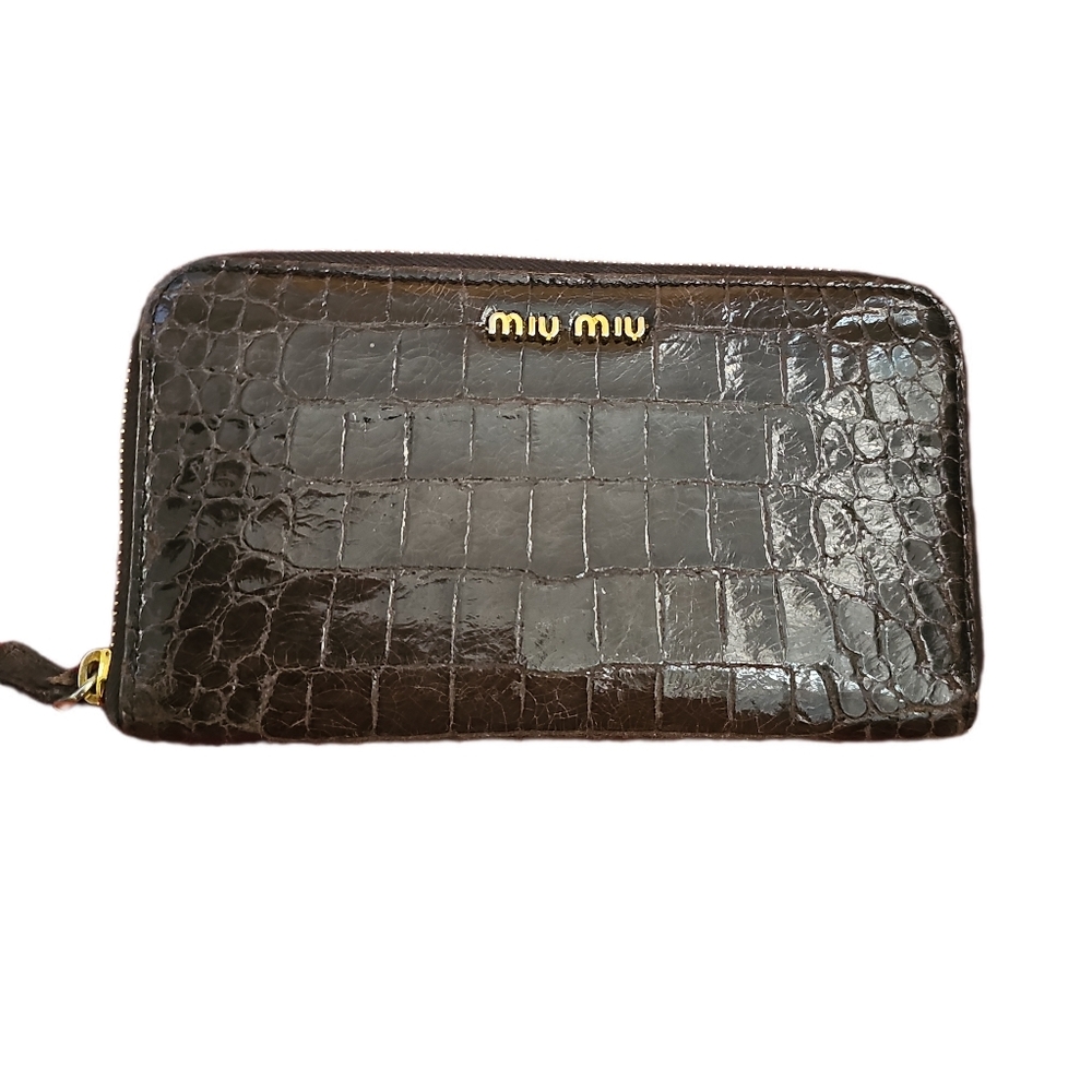 Authentic Miu Miu Croc-Embossed Brown Wallet Used